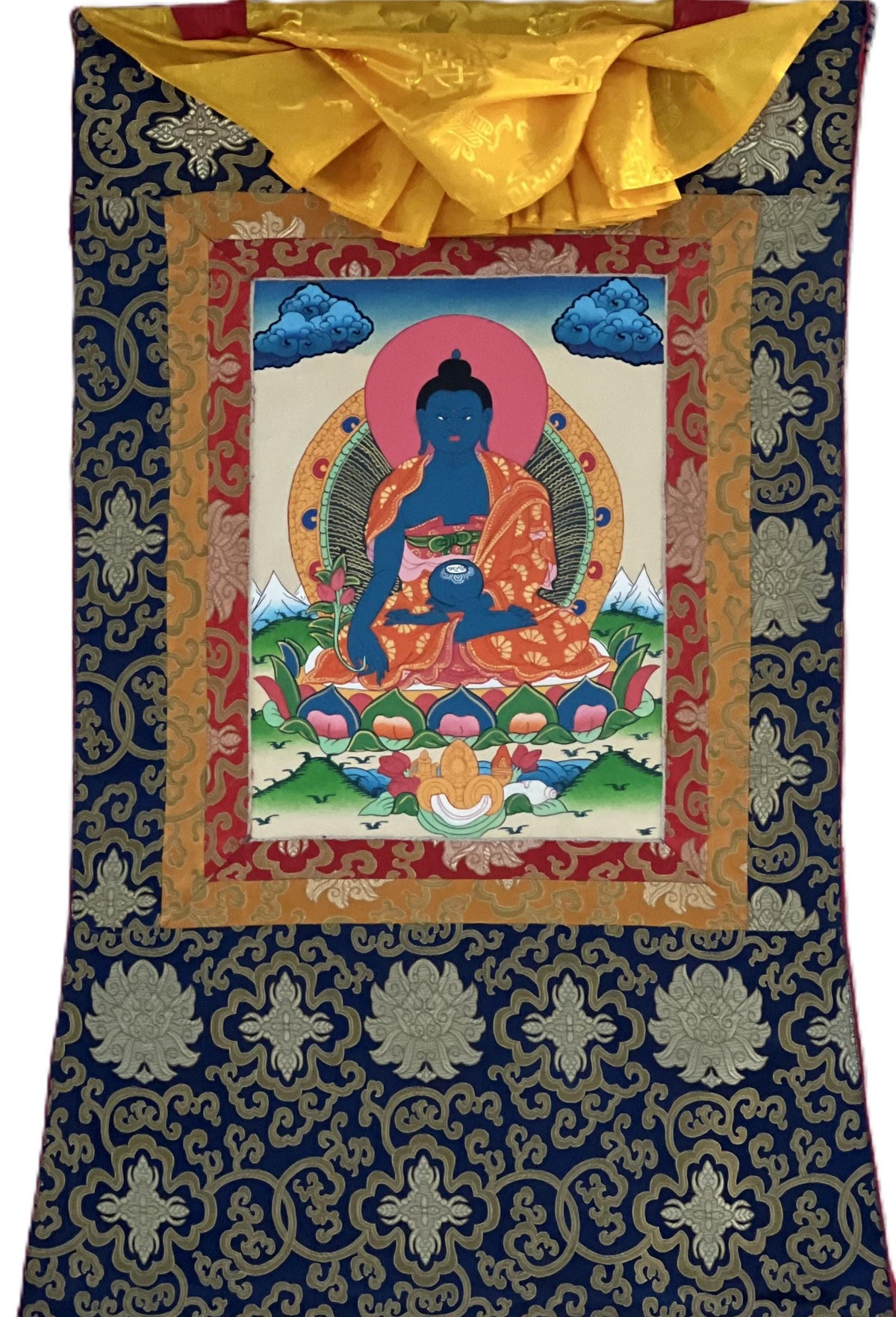 Handmade Medicine Buddha Thangka Painting, Framed in Silk Brocade