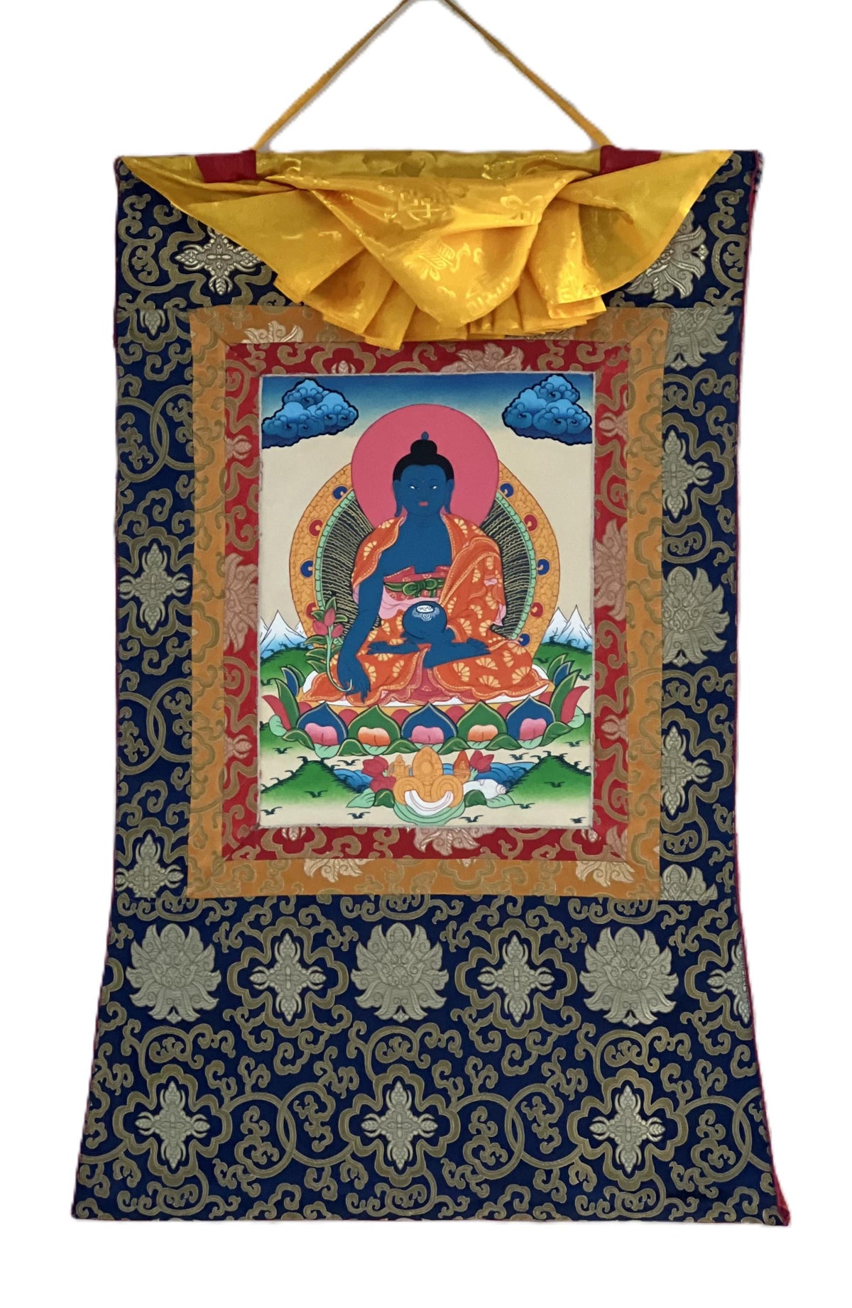Handmade Medicine Buddha Thangka Painting, Framed in Silk Brocade
