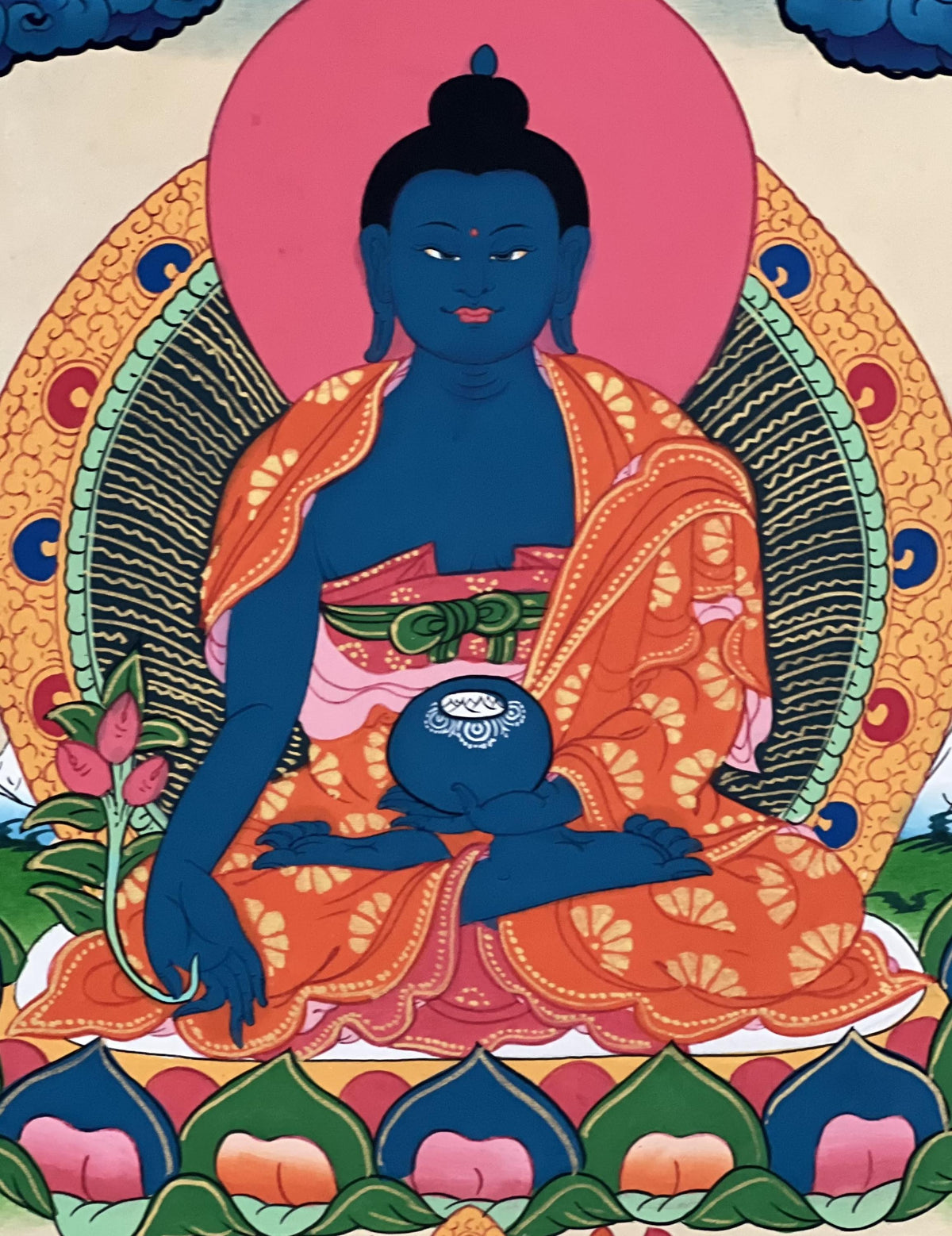 Handmade Medicine Buddha Thangka Painting, Framed in Silk Brocade