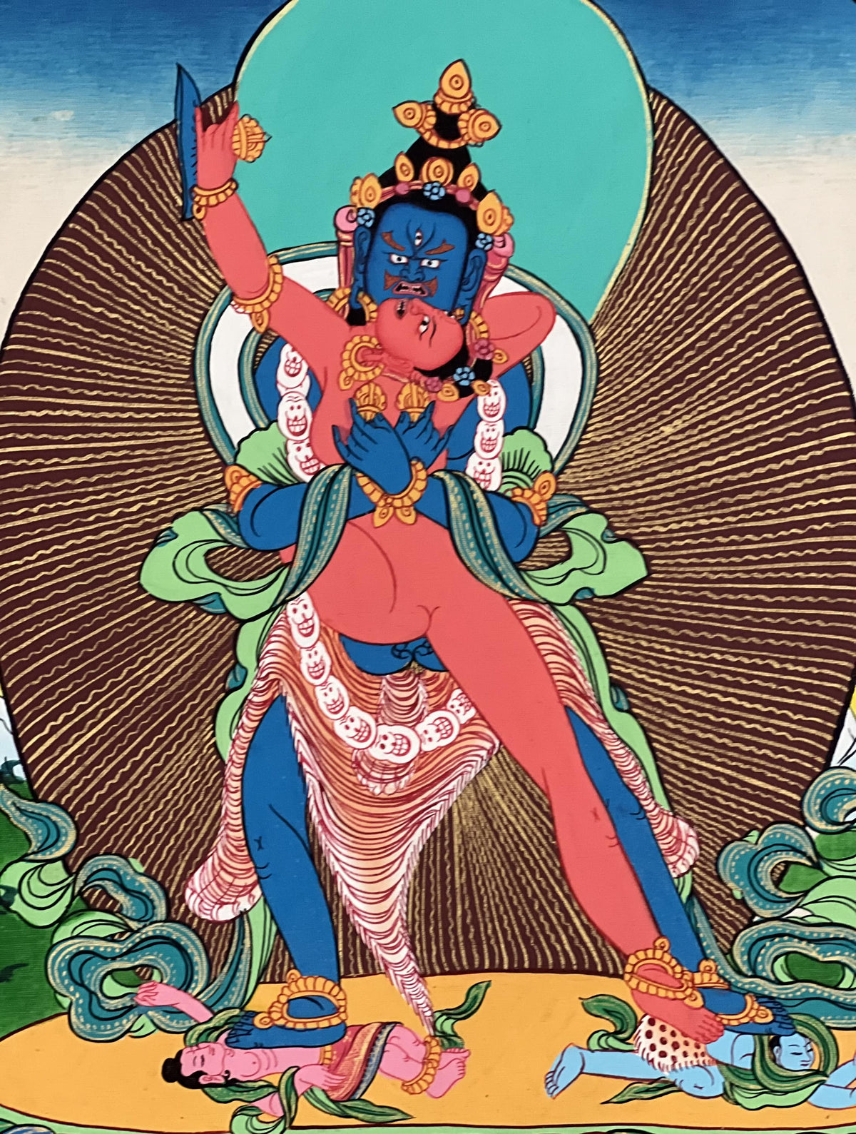 Hand-Painted Kalachakra Thangka, Visvamata Deity, Silk Brocade Frame