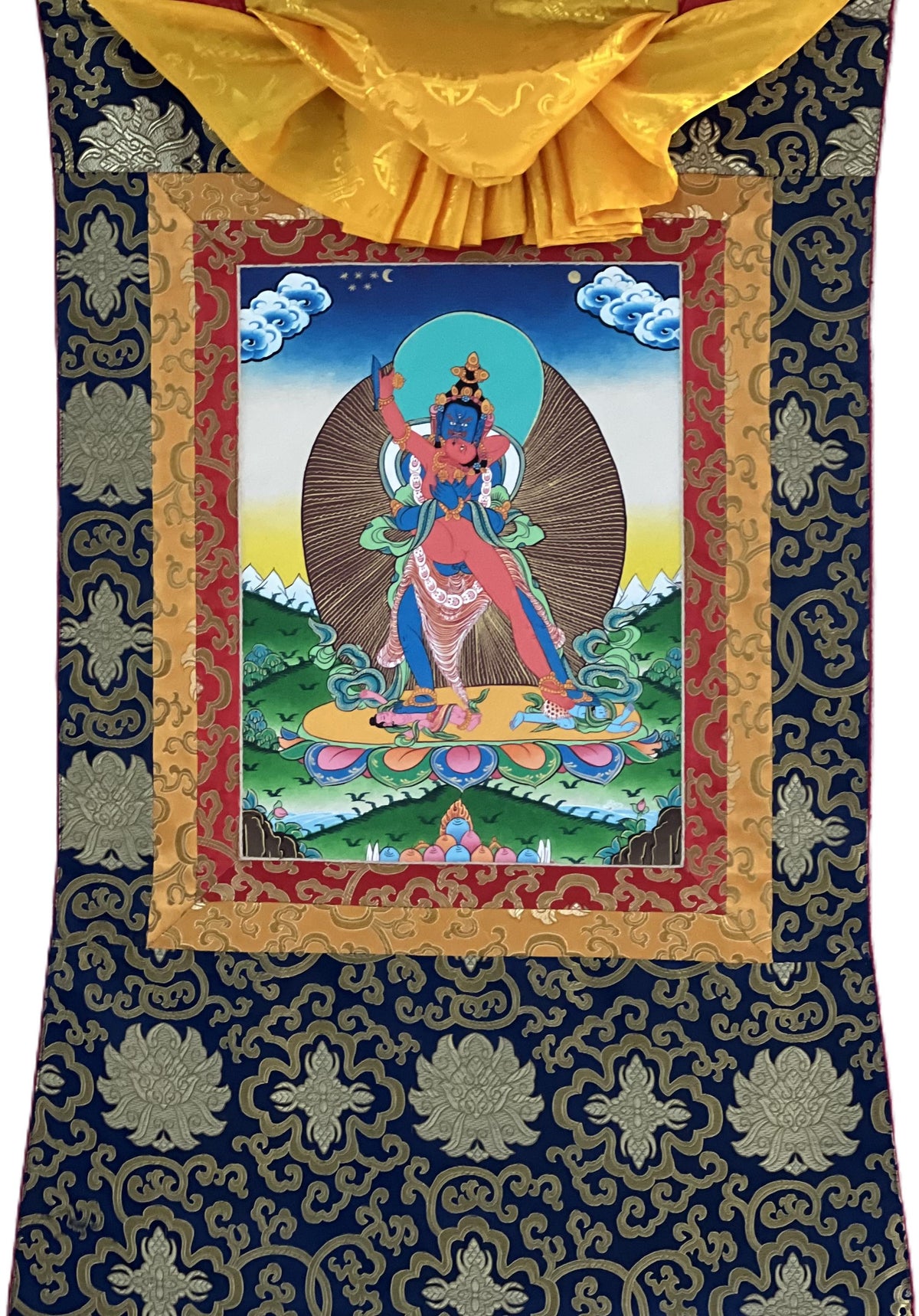 Hand-Painted Kalachakra Thangka, Visvamata Deity, Silk Brocade Frame