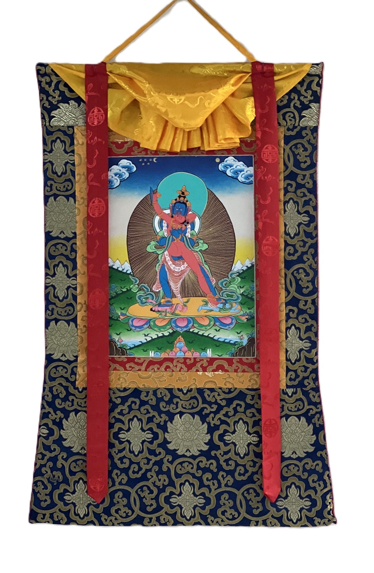 Hand-Painted Kalachakra Thangka, Visvamata Deity, Silk Brocade Frame
