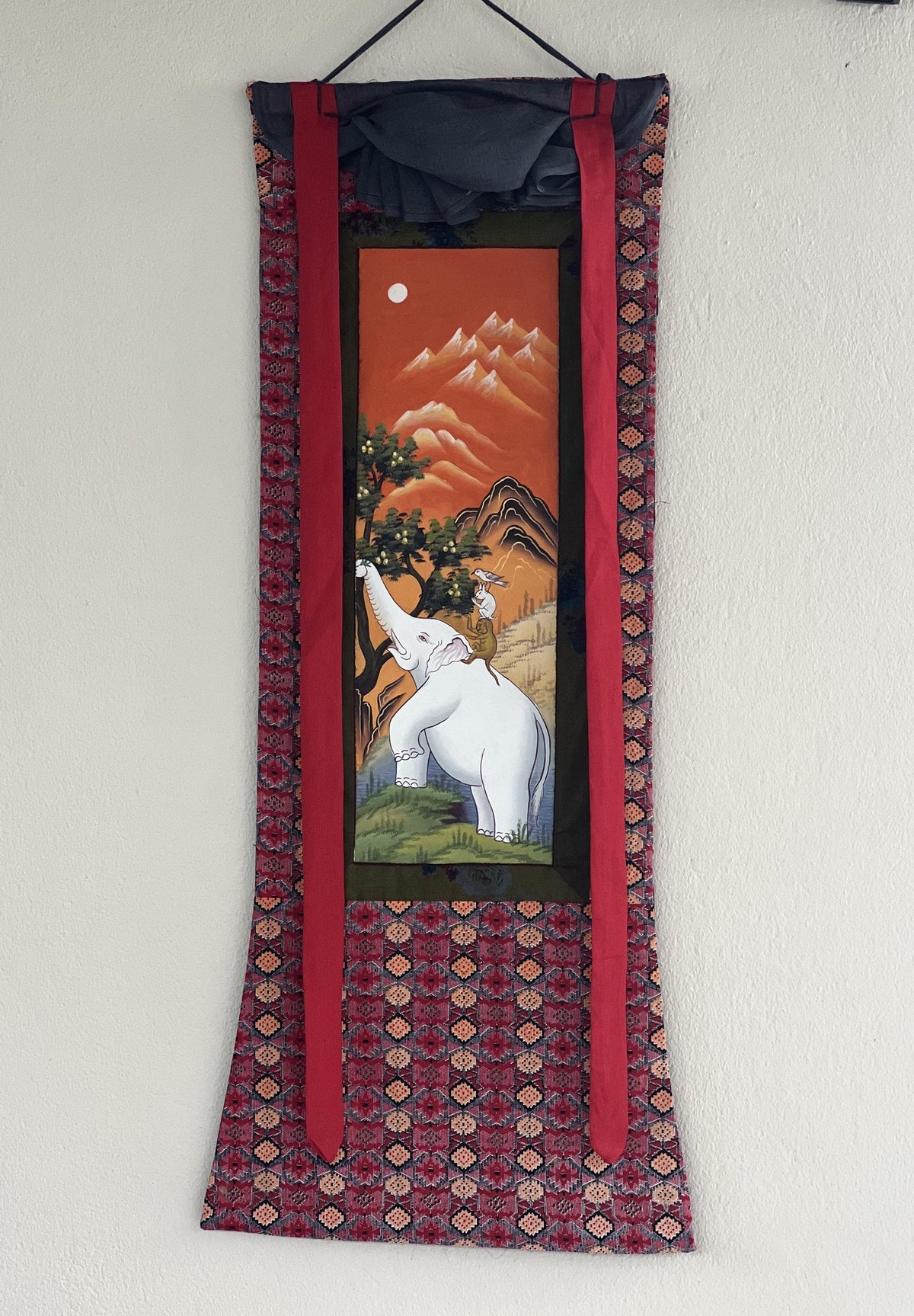 Newari Paubha Thangka Painting, Four Harmonious Friends, Cotton Frame
