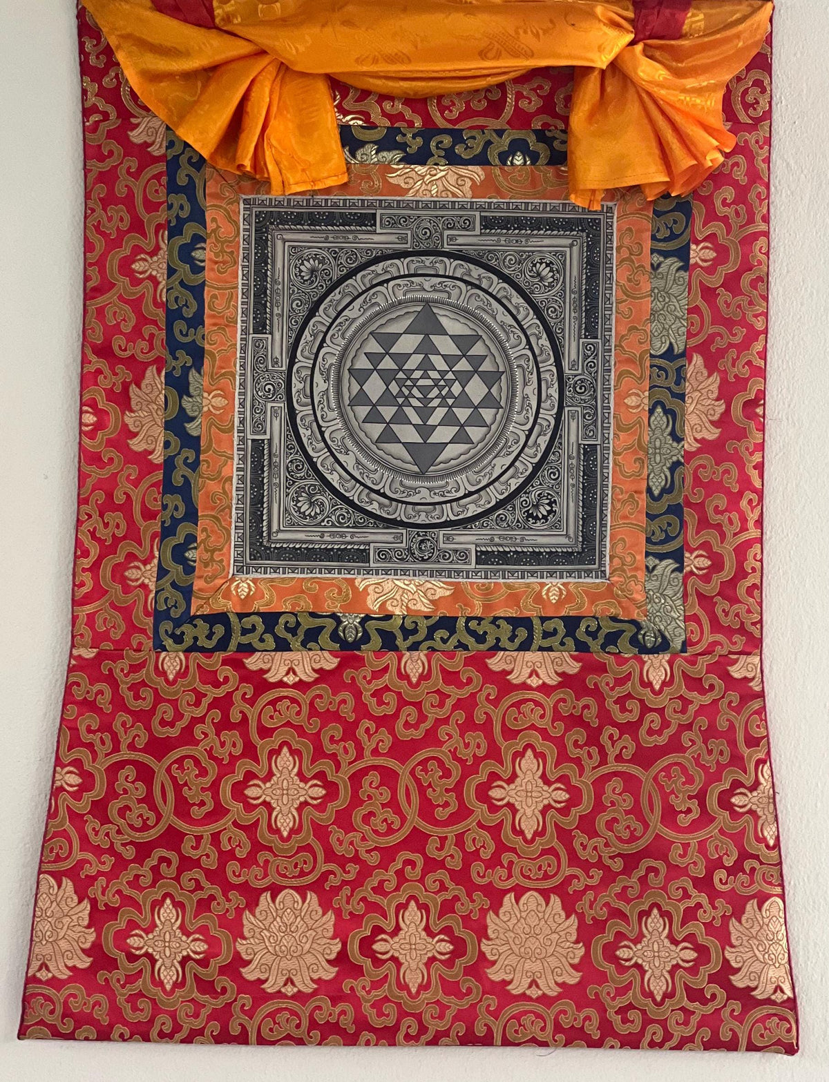 Hand-Painted Sri Yantra Thangka Painting with Silk Frame