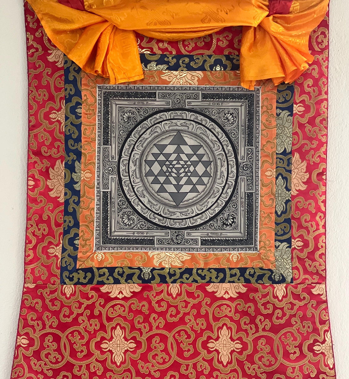 Hand-Painted Sri Yantra Thangka Painting with Silk Frame