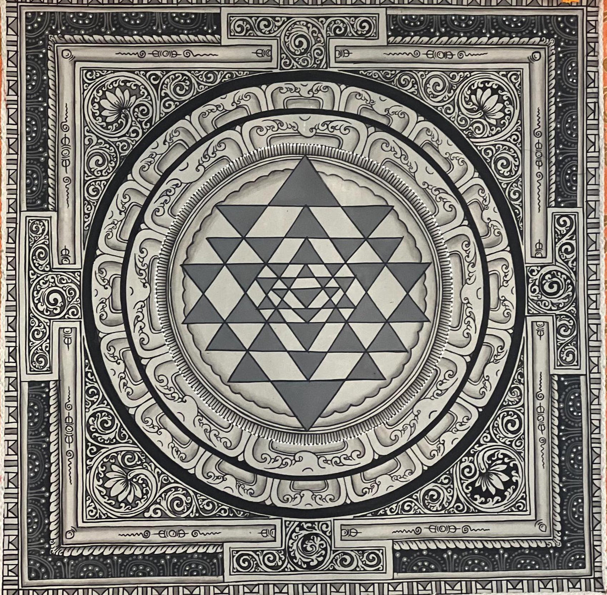 Hand-Painted Sri Yantra Thangka Painting with Silk Frame