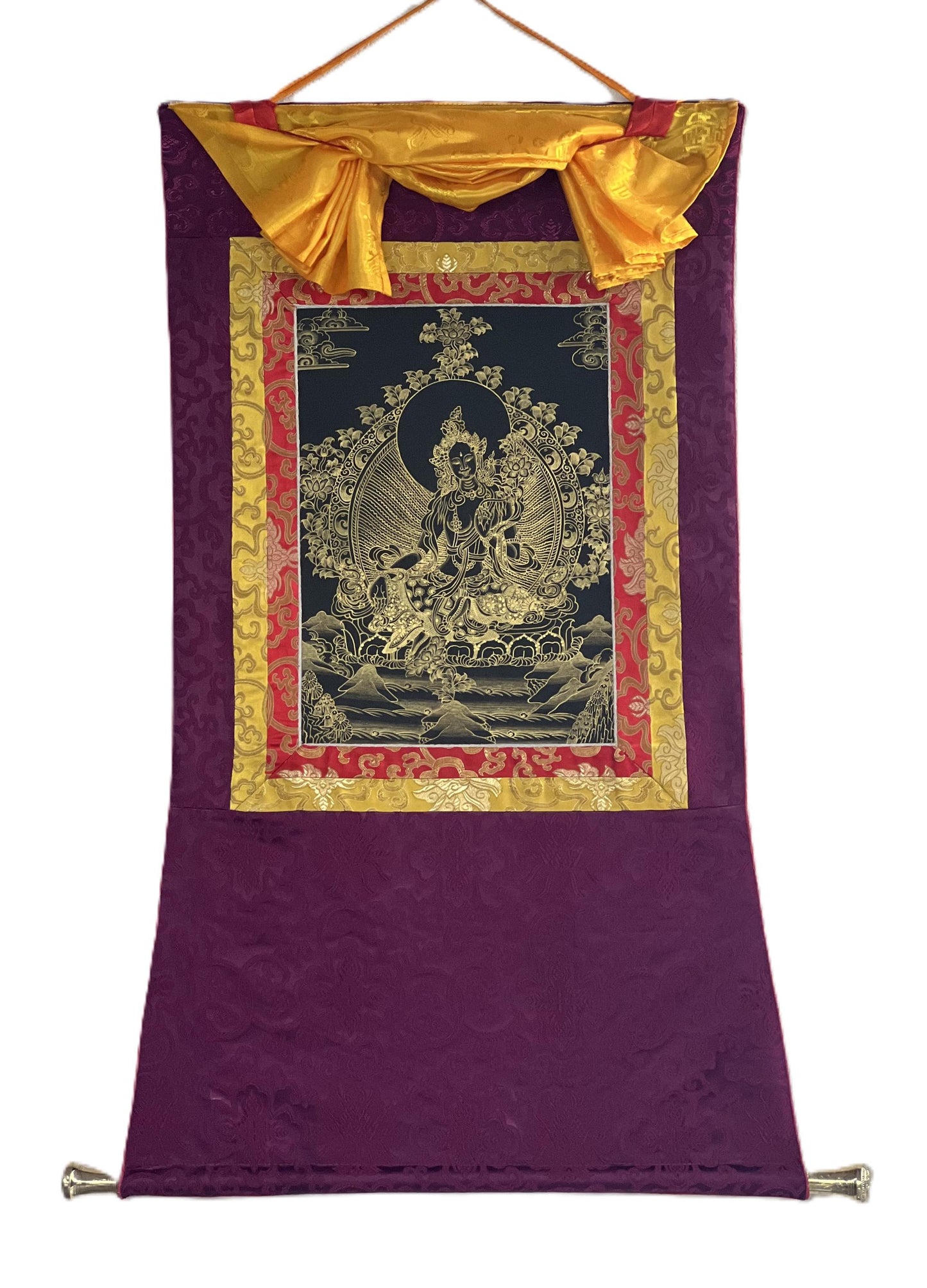 Hand-Painted Green Tara Thangka – Black & Gold Silk Brocade, Tibetan Artwork