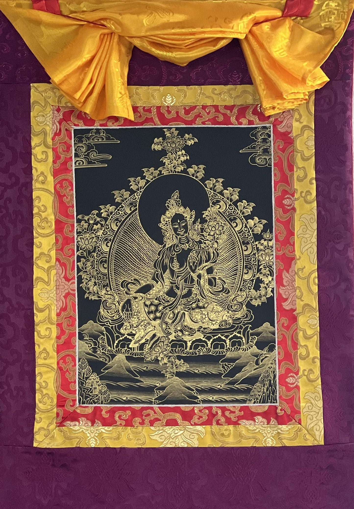 Hand-Painted Green Tara Thangka – Black & Gold Silk Brocade, Tibetan Artwork
