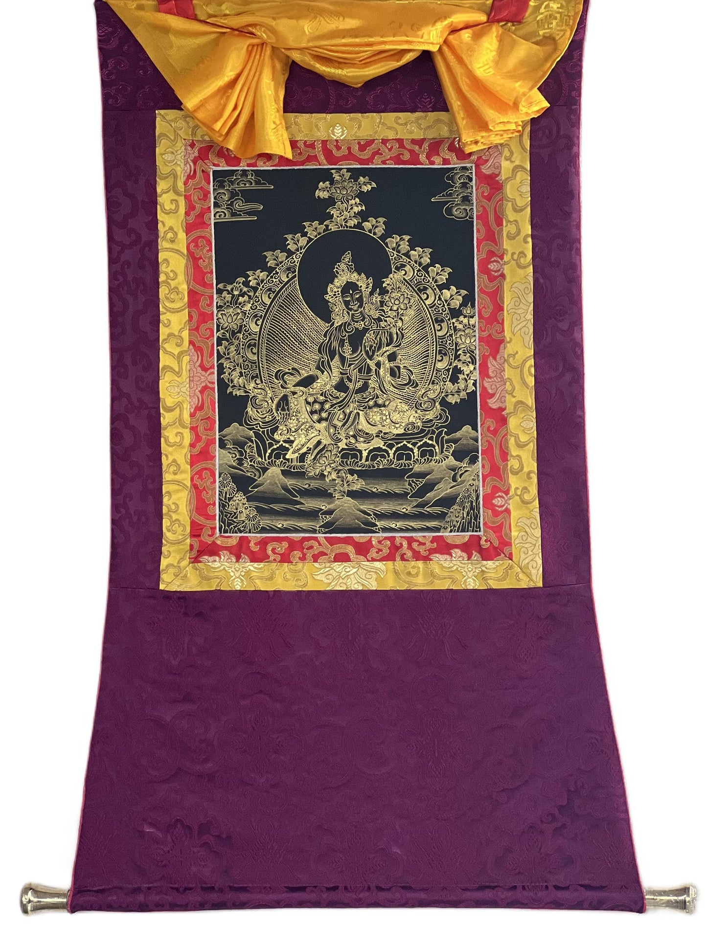 Hand-Painted Green Tara Thangka – Black & Gold Silk Brocade, Tibetan Artwork