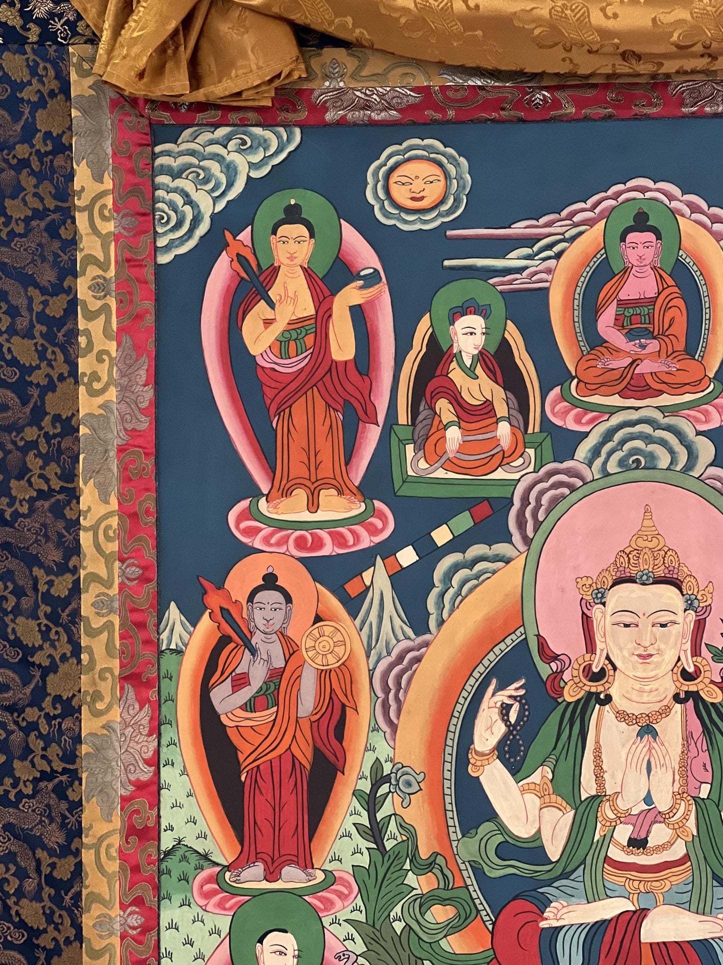 Vintage Large Four-Armed Chenrezig Thangka with Silk Brocade - Hand-Painted Tibetan Compassion Bodhisattva Art