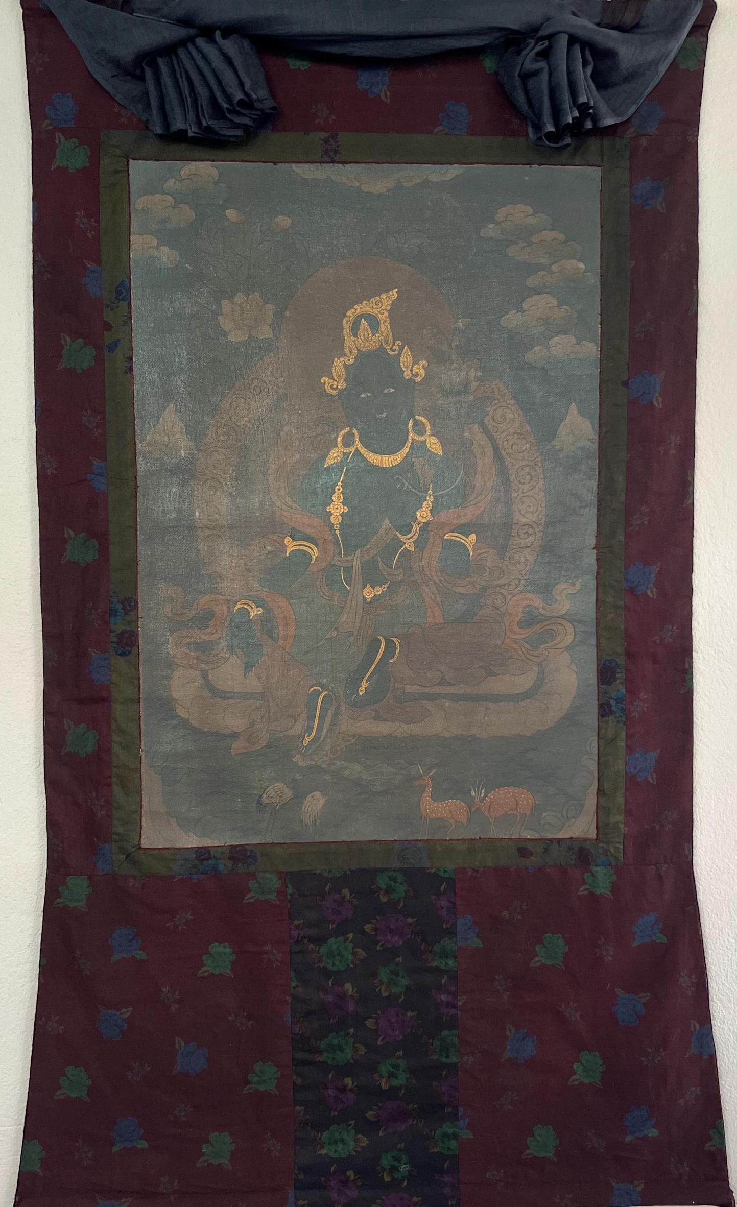 Vintage Green Tara Thangka | Hand-Painted Buddhist Art on Canvas