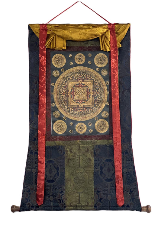 Om Mantra Mandala Thangka | Tibetan Painting with Silk Brocade