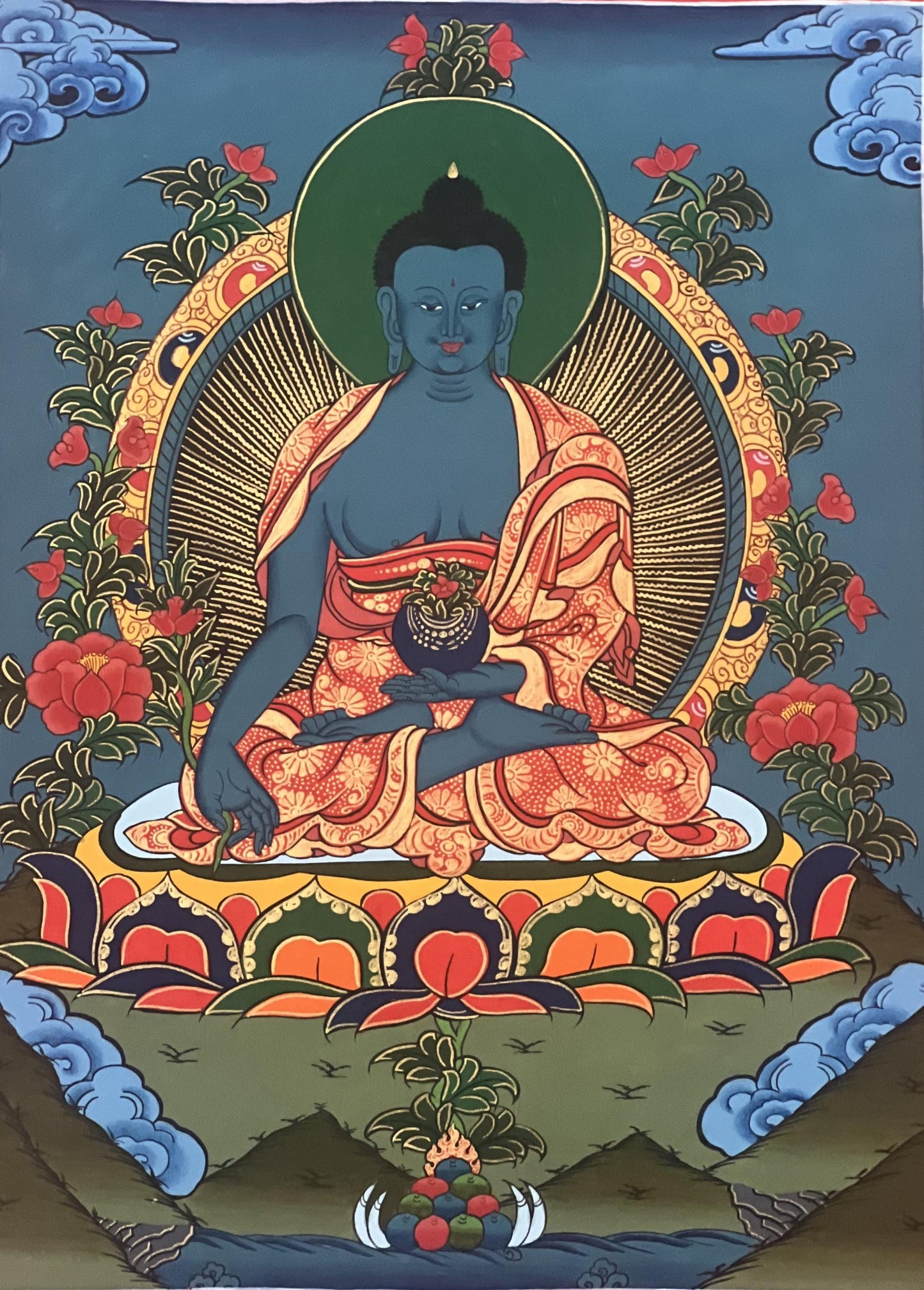 Hand-Painted Medicine Buddha Thangka with Silk Brocade