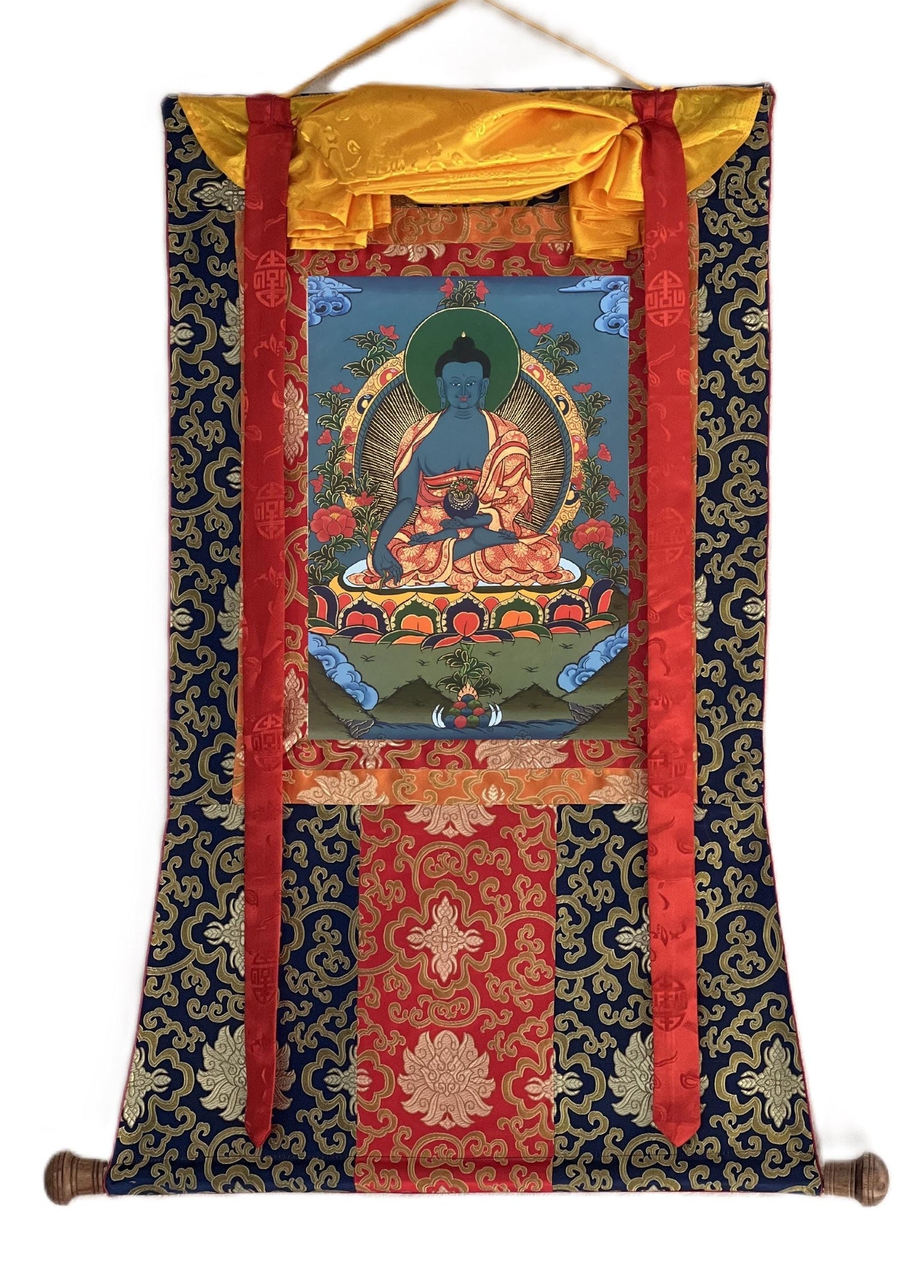 Hand-Painted Medicine Buddha Thangka with Silk Brocade