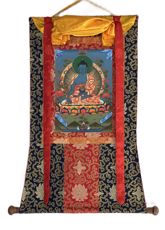 Hand-Painted Medicine Buddha Thangka with Silk Brocade