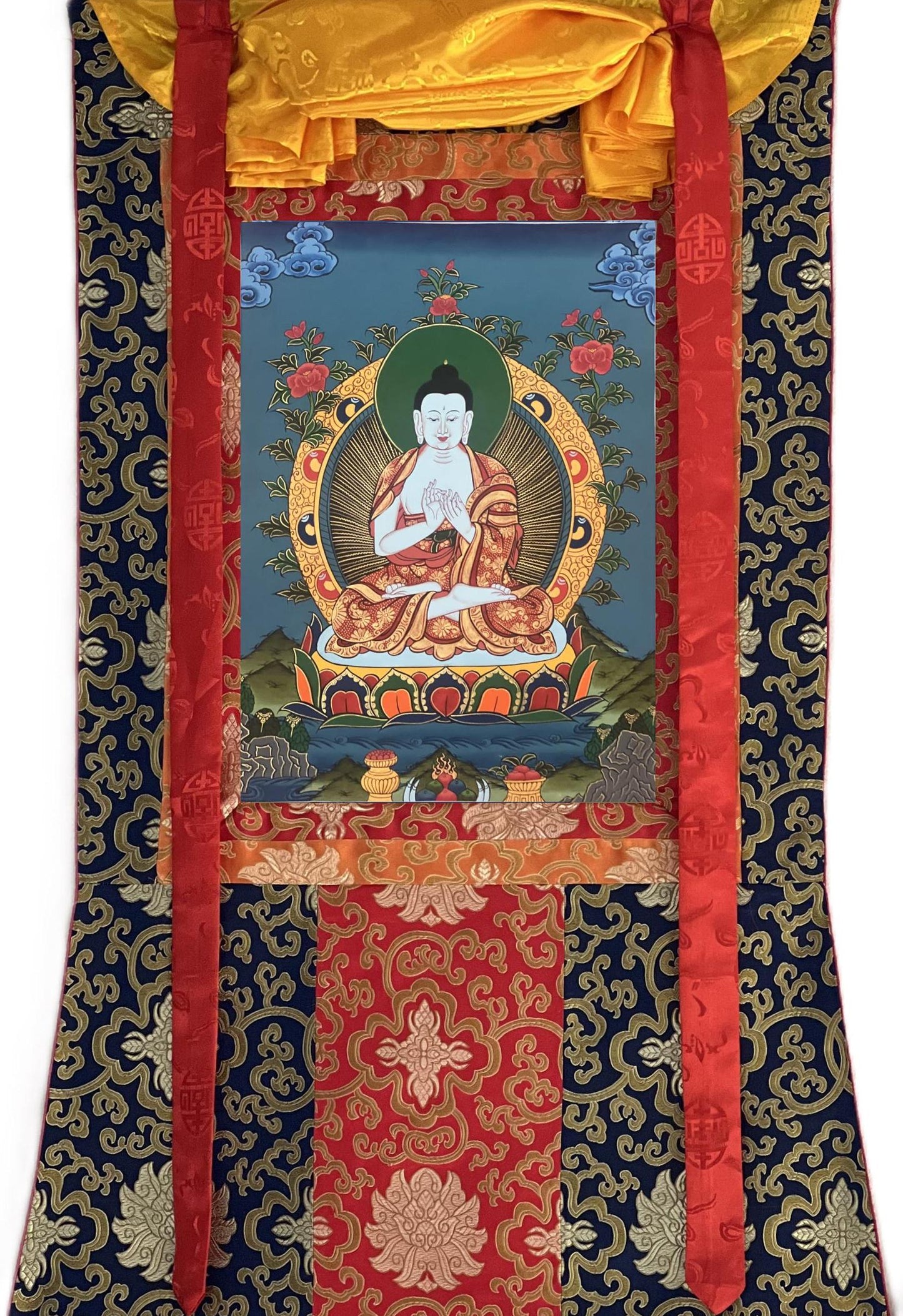 Hand-Painted Vairocana Buddha Thangka | Tibetan Buddhist Art with Silk Brocade