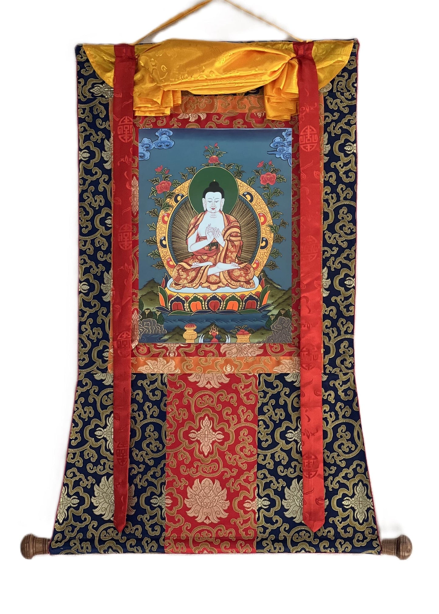 Hand-Painted Vairocana Buddha Thangka | Tibetan Buddhist Art with Silk Brocade