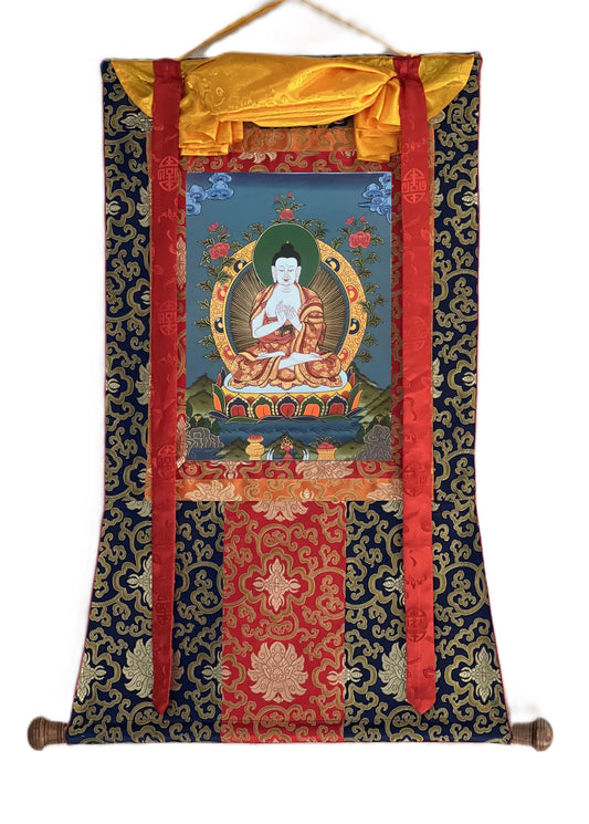 Hand-Painted Vairocana Buddha Thangka | Tibetan Buddhist Art with Silk Brocade