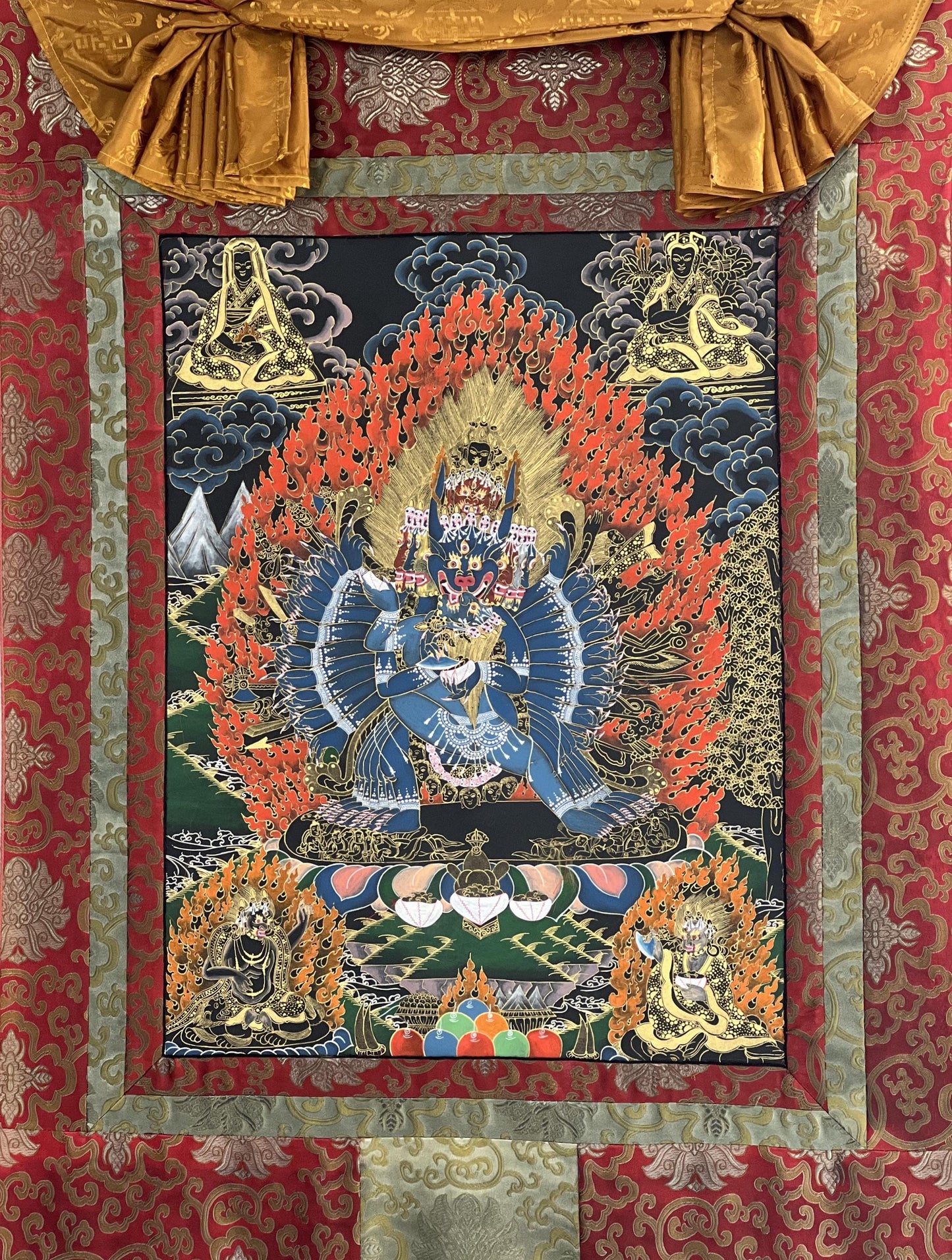 Hand-Painted Yamantaka Thangka Painting with Silk Brocade