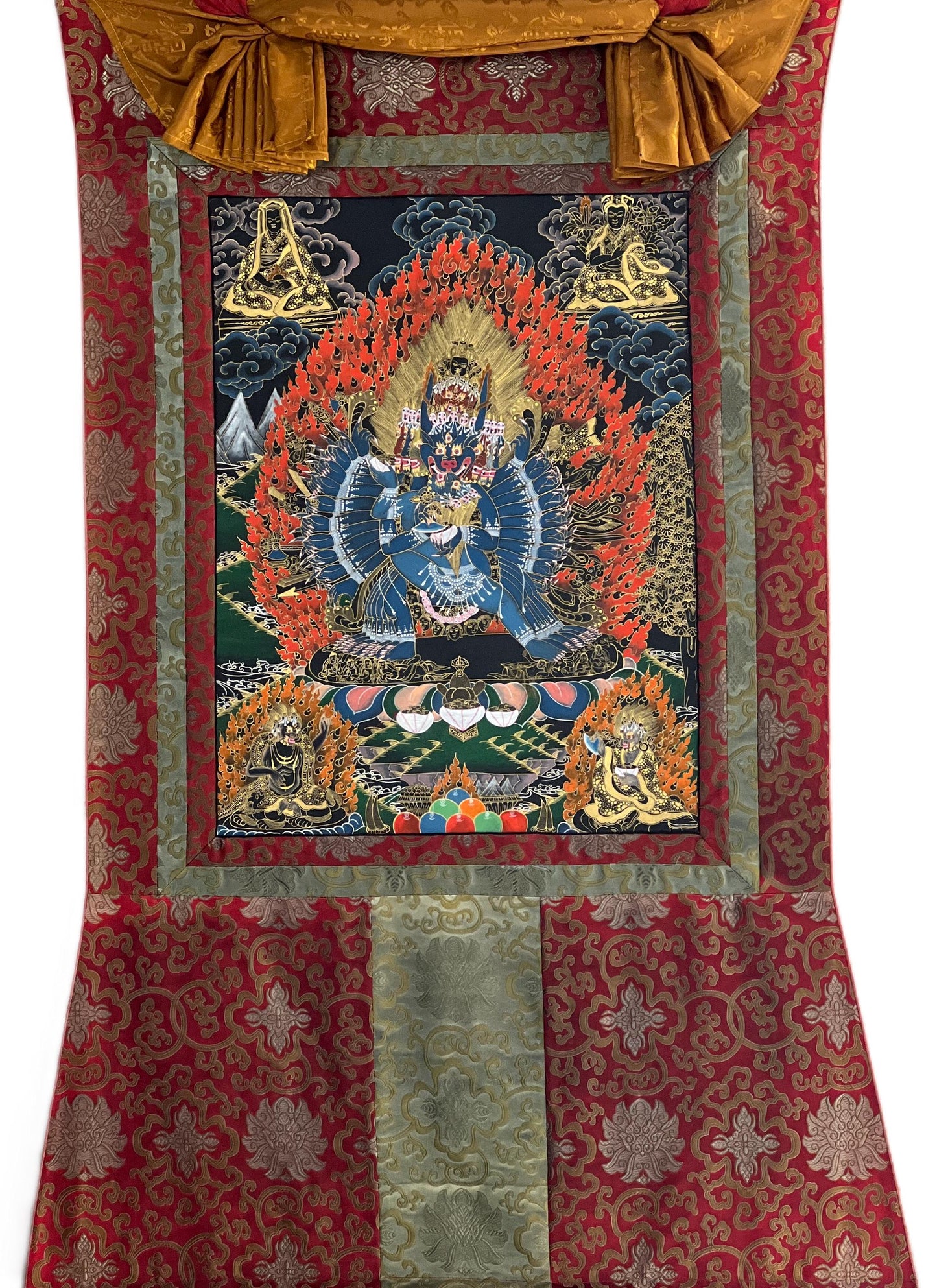 Hand-Painted Yamantaka Thangka Painting with Silk Brocade