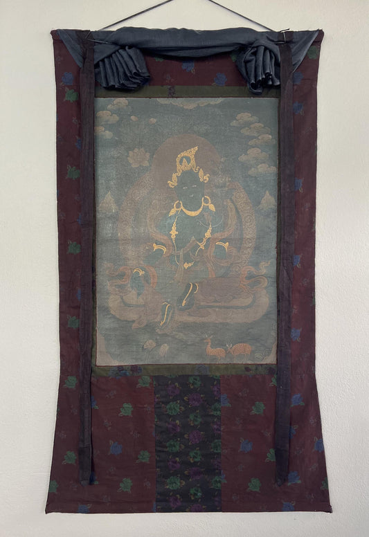 Vintage Green Tara Thangka | Hand-Painted Buddhist Art on Canvas