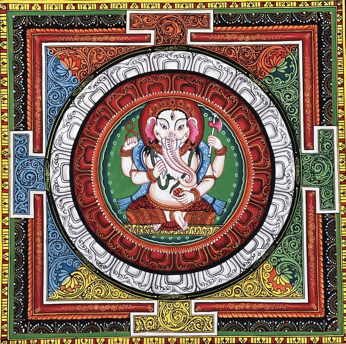 4 Armed Ganesha/ Ganapati with Sriyantra  Masterpiece Newari Paubha Thangka Painting with Silk Brocade