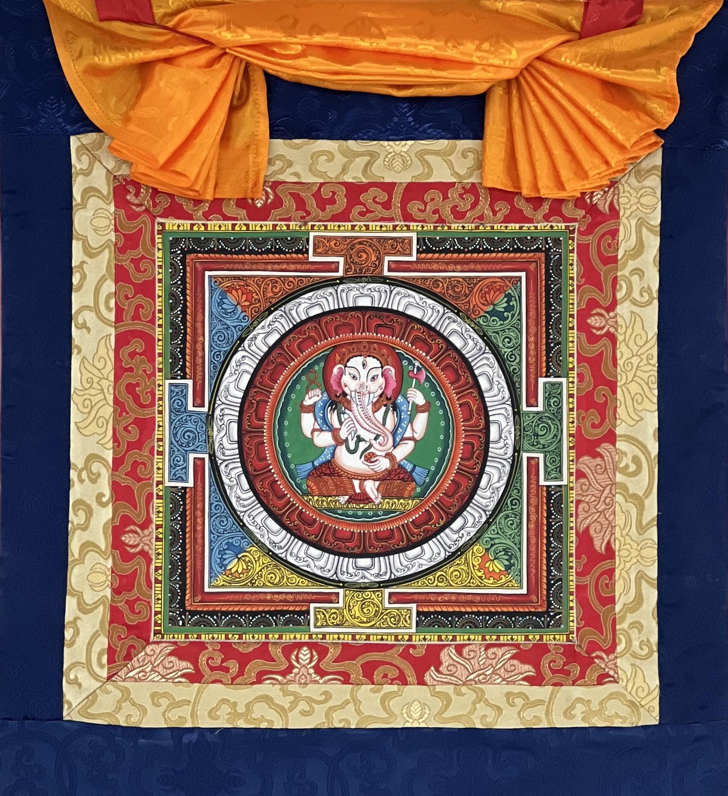 4 Armed Ganesha/ Ganapati with Sriyantra  Masterpiece Newari Paubha Thangka Painting with Silk Brocade