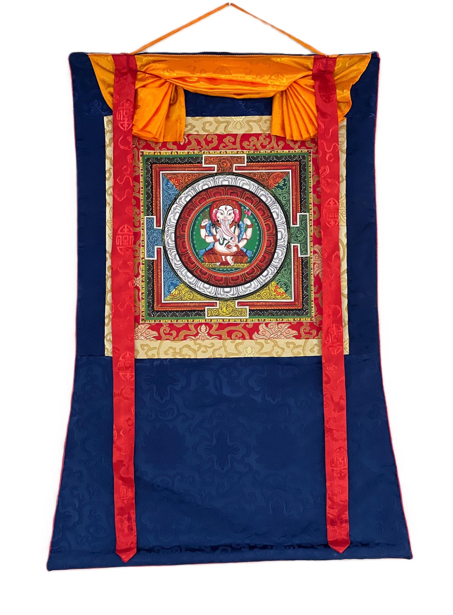 4 Armed Ganesha/ Ganapati with Sriyantra  Masterpiece Newari Paubha Thangka Painting with Silk Brocade