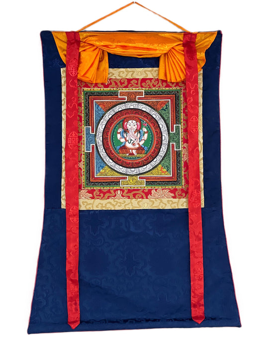 4 Armed Ganesha/ Ganapati with Sriyantra  Masterpiece Newari Paubha Thangka Painting with Silk Brocade
