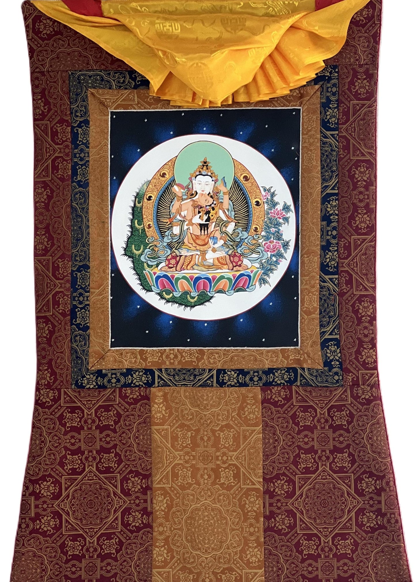 Hand-painted Vajrasattva Thangka, Shakti Dorje Sempa, Silk Brocade
