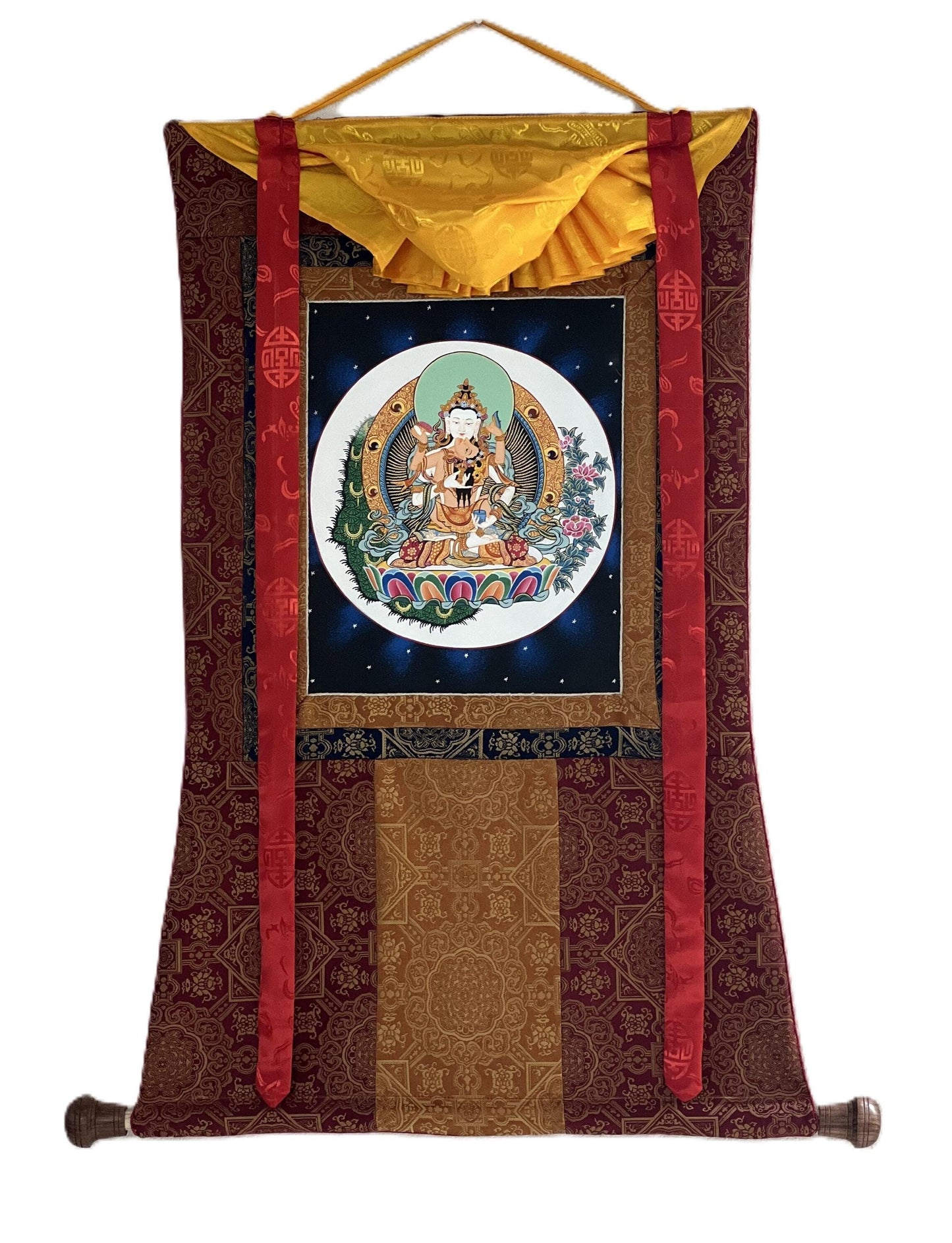 Hand-painted Vajrasattva Thangka, Shakti Dorje Sempa, Silk Brocade