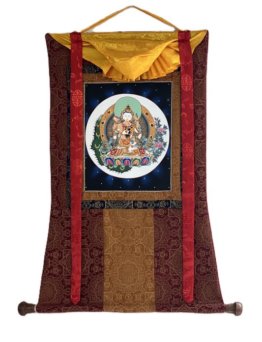 Hand-painted Vajrasattva Thangka, Shakti Dorje Sempa, Silk Brocade