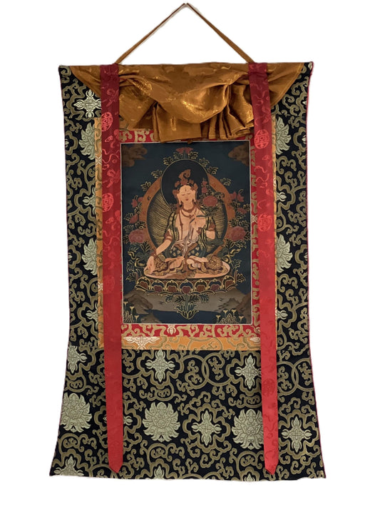 Original Hand-painted White Tara/ Mother Goddess/ Old Oil-Varnished Tibetan Thangka Painting with Silk Brocade