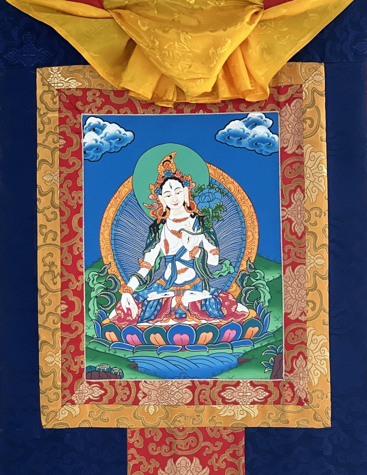 Hand Painted White Tara Thangka Painting with Silk Border