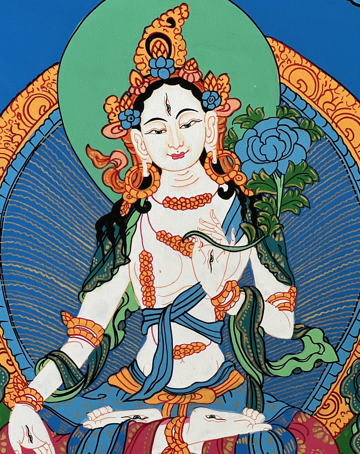 Hand Painted White Tara Thangka Painting with Silk Border