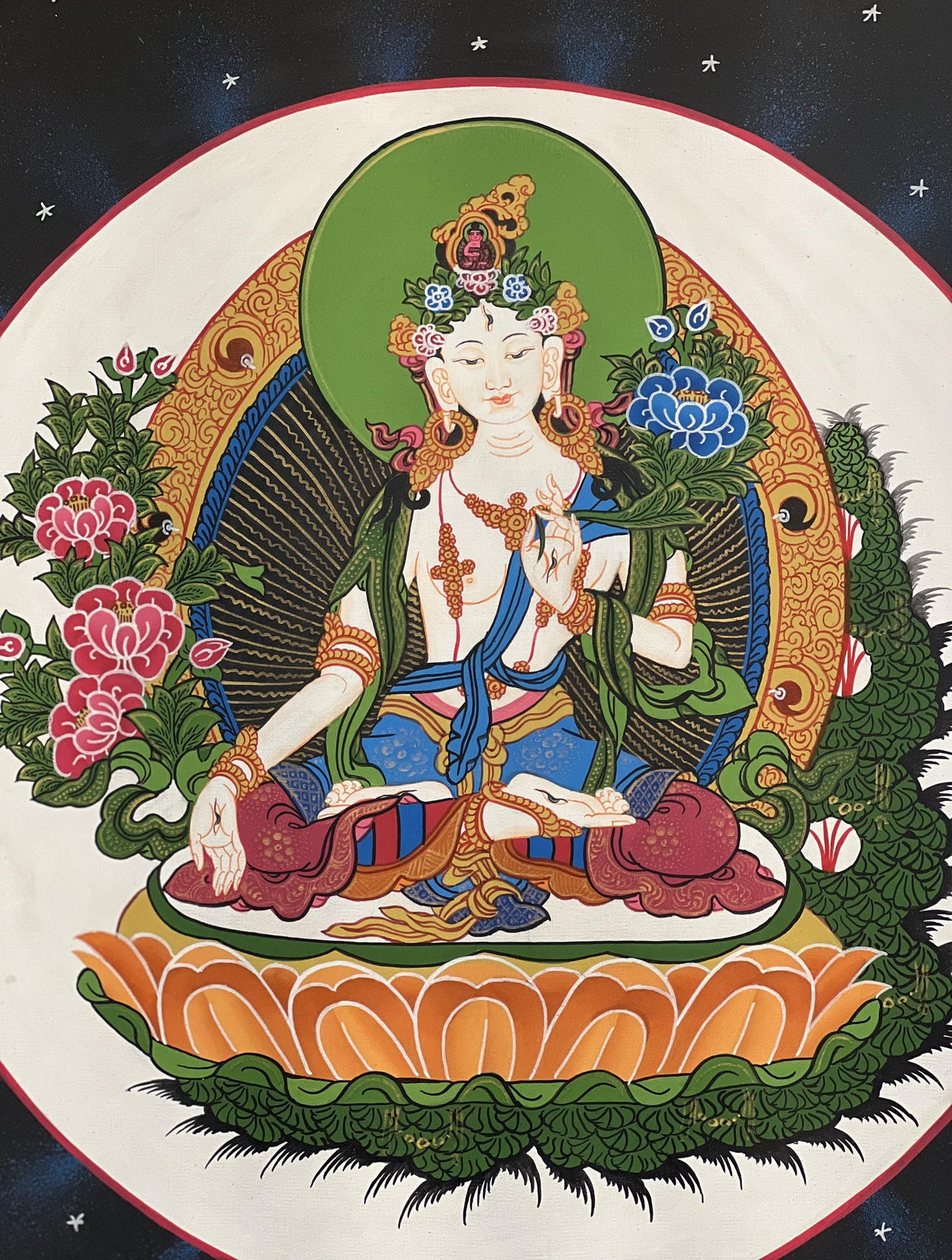 White Tara Thangka Painting, Silk Brocade, Buddhist Meditation Art