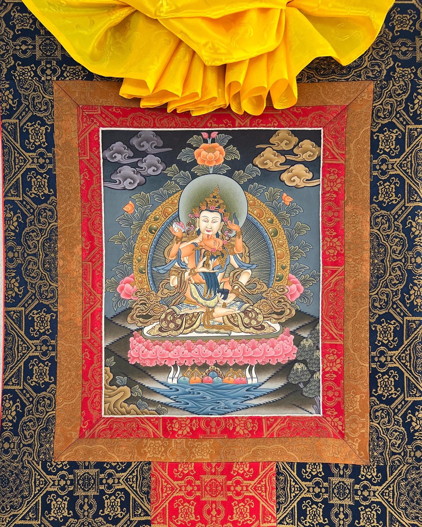 Hand-Painted Vajrasattva Shakti Thangka Painting with Silk Brocade