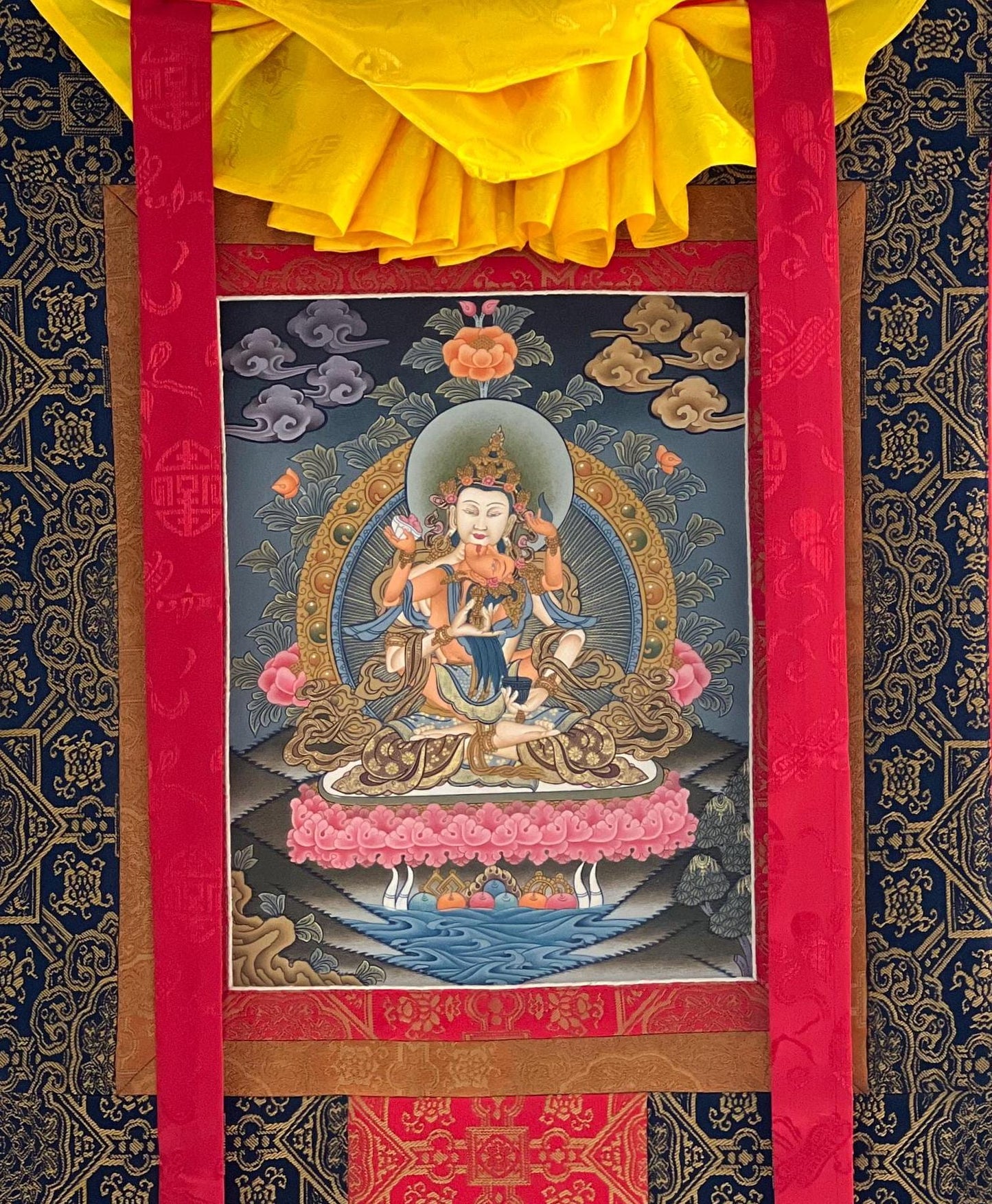 Hand-Painted Vajrasattva Shakti Thangka Painting with Silk Brocade