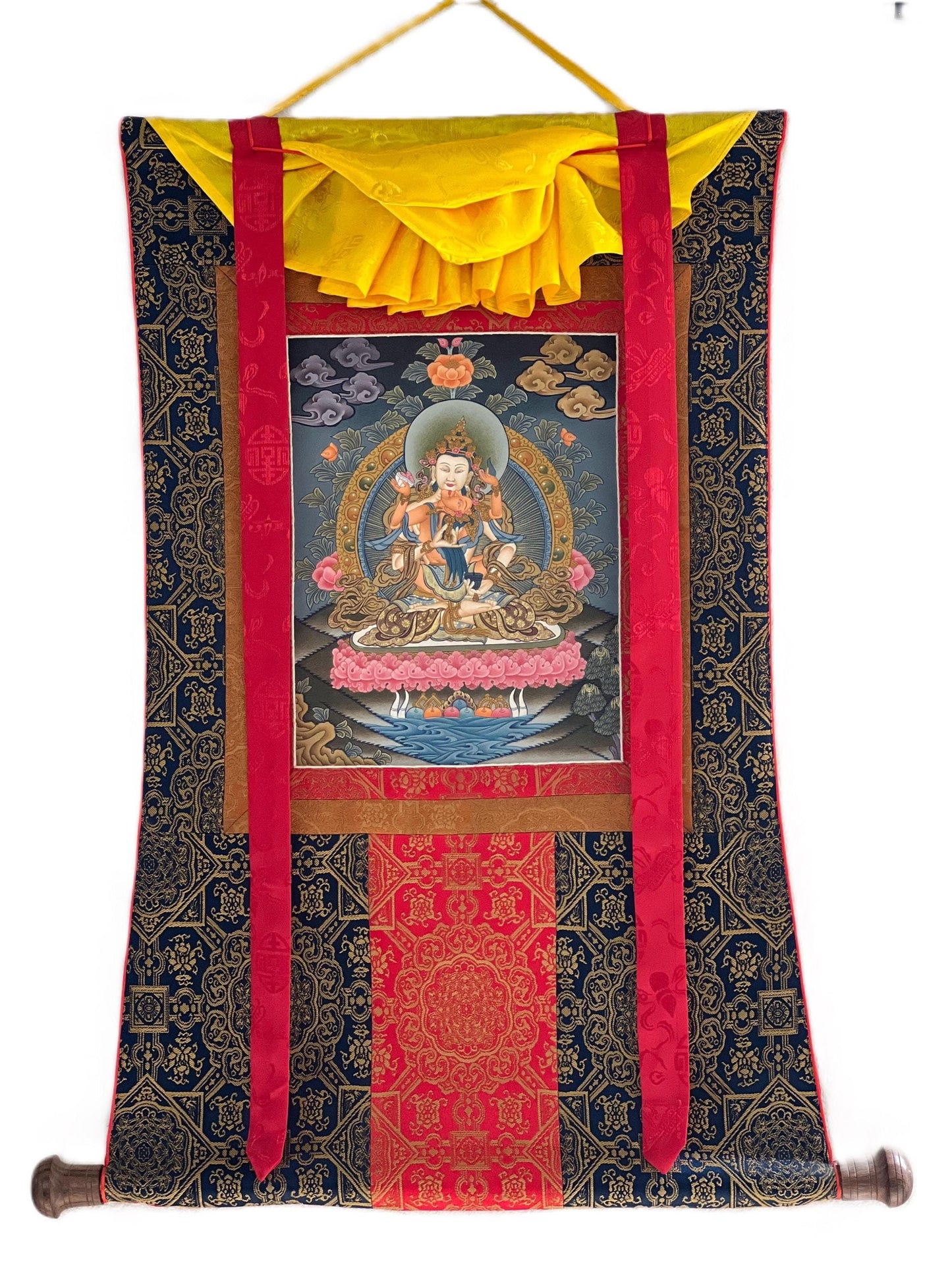 Hand-Painted Vajrasattva Shakti Thangka Painting with Silk Brocade