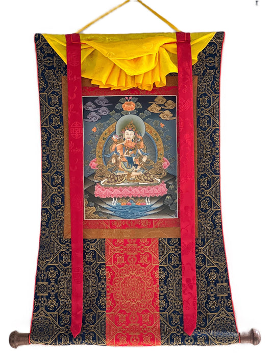 Hand-Painted Vajrasattva Shakti Thangka Painting with Silk Brocade