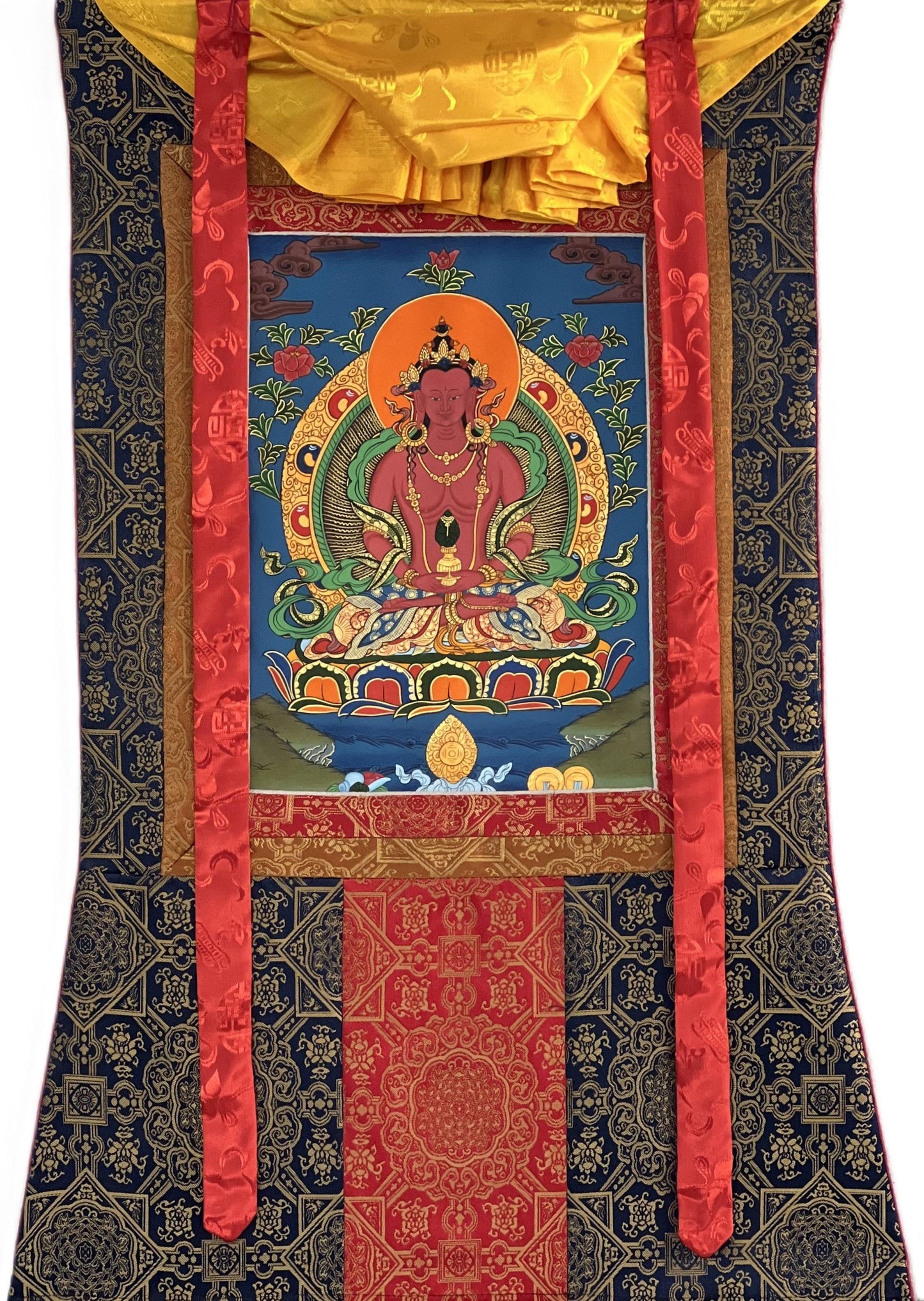 Amitayus Buddha Tibetan Thangka Painting with Silk Brocade