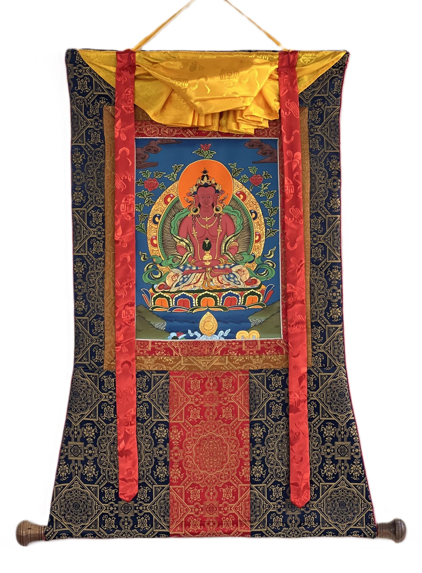 Amitayus Buddha Tibetan Thangka Painting with Silk Brocade