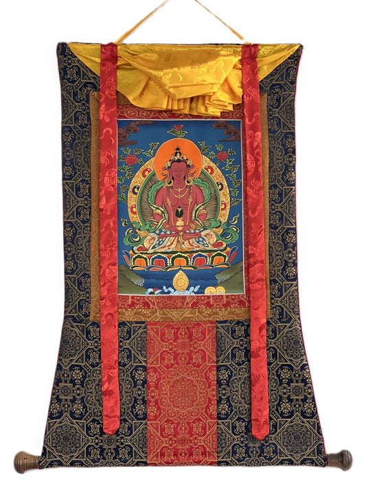 Amitayus Buddha Tibetan Thangka Painting with Silk Brocade