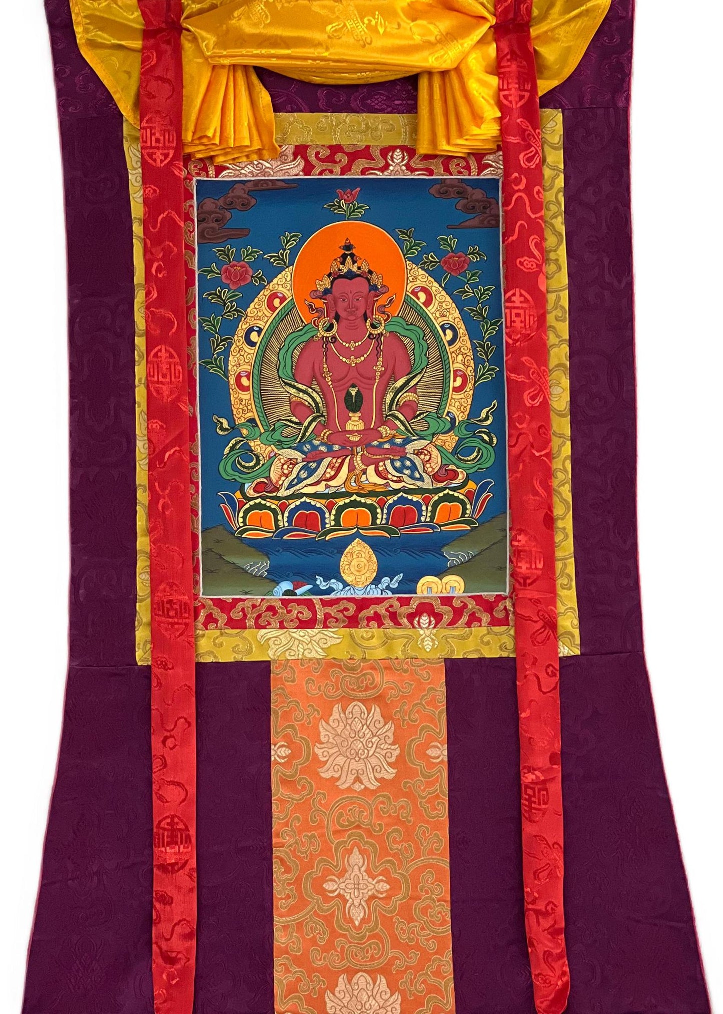 Hand Painted Amitayus Thangka - Tibetan Silk Brocade Meditation Art