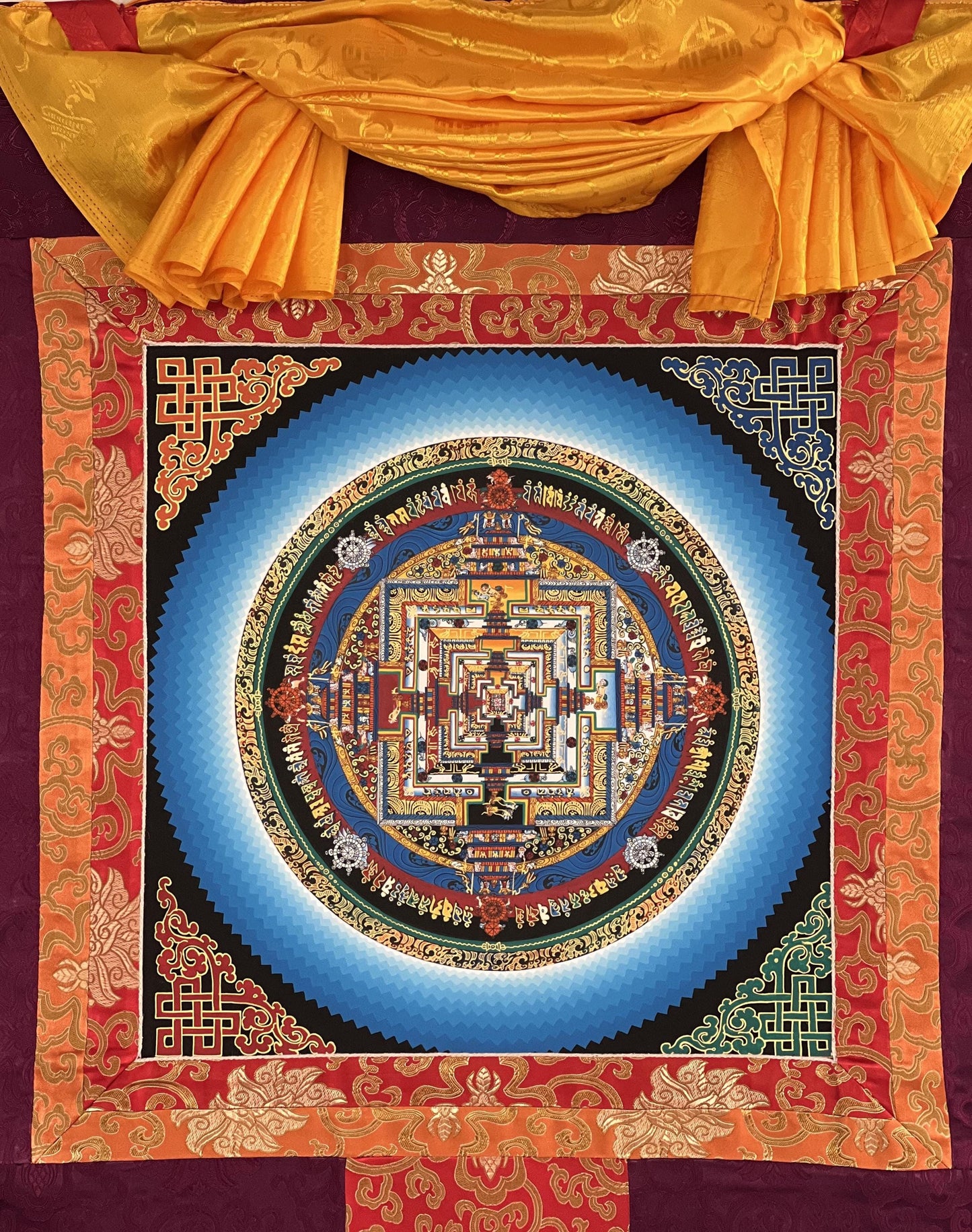 Hand-Painted Kalachakra Mandala Thangka: Gold Tibetan Painting with Silk Brocade