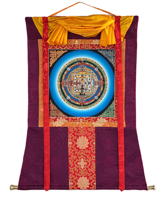 Hand-Painted Kalachakra Mandala Thangka: Gold Tibetan Painting with Silk Brocade