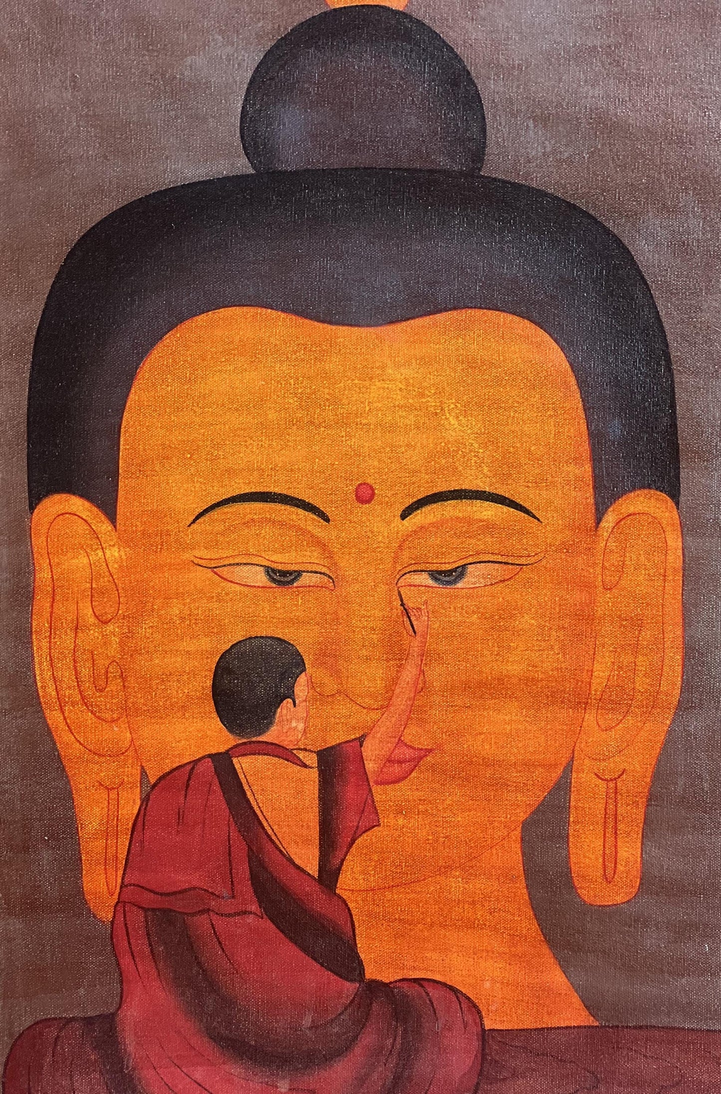 Monk Painting the Buddha Face – Acrylic Canvas Art, Oil-Varnished Finish