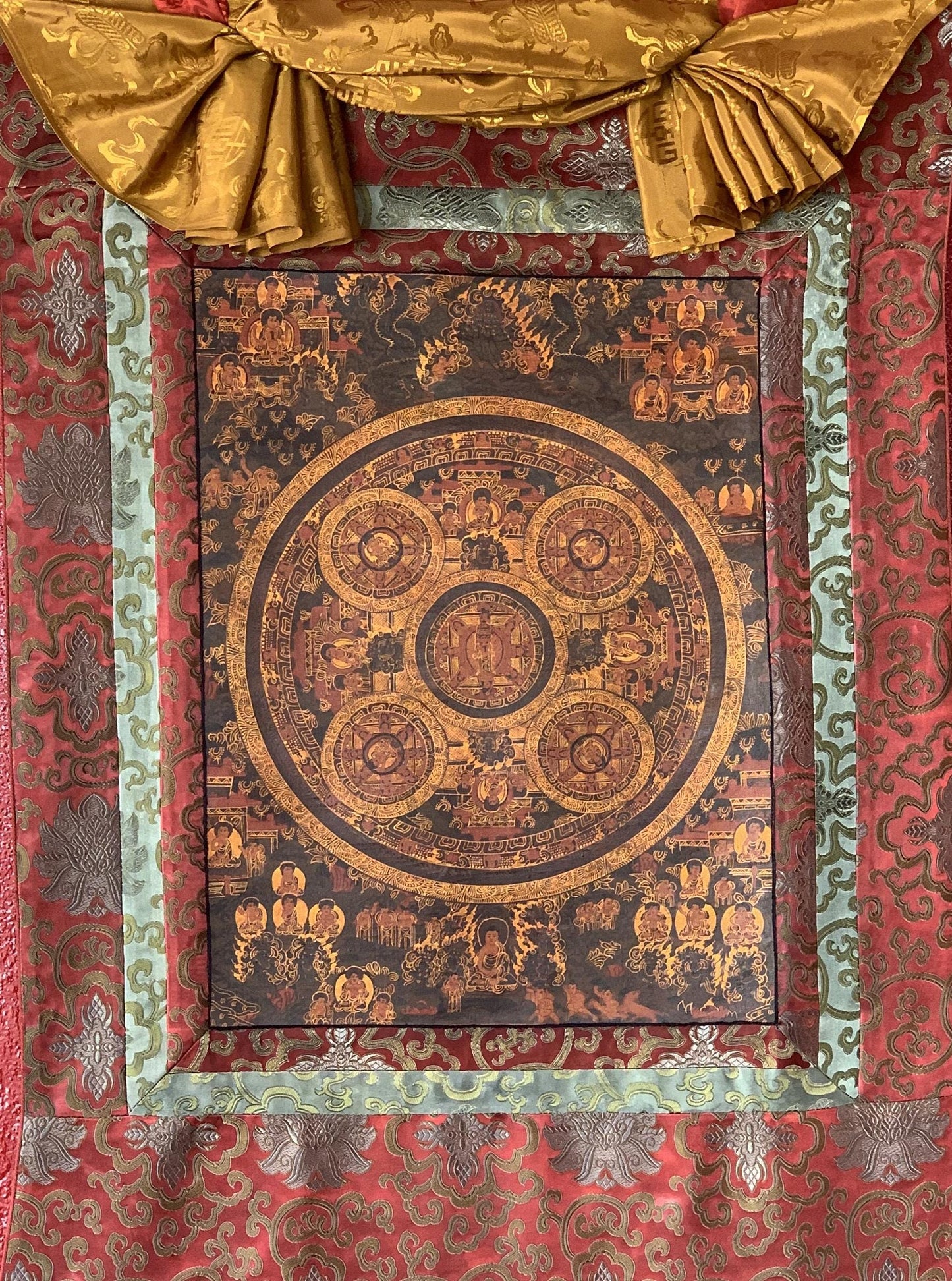 Hand-Painted Five Buddha Mandala  Oil Varnished Thangka with Silk Brocade