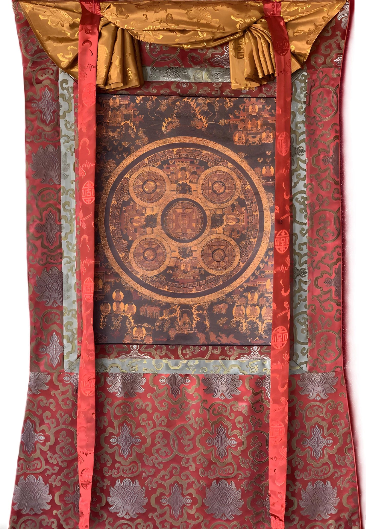 Hand-Painted Five Buddha Mandala  Oil Varnished Thangka with Silk Brocade