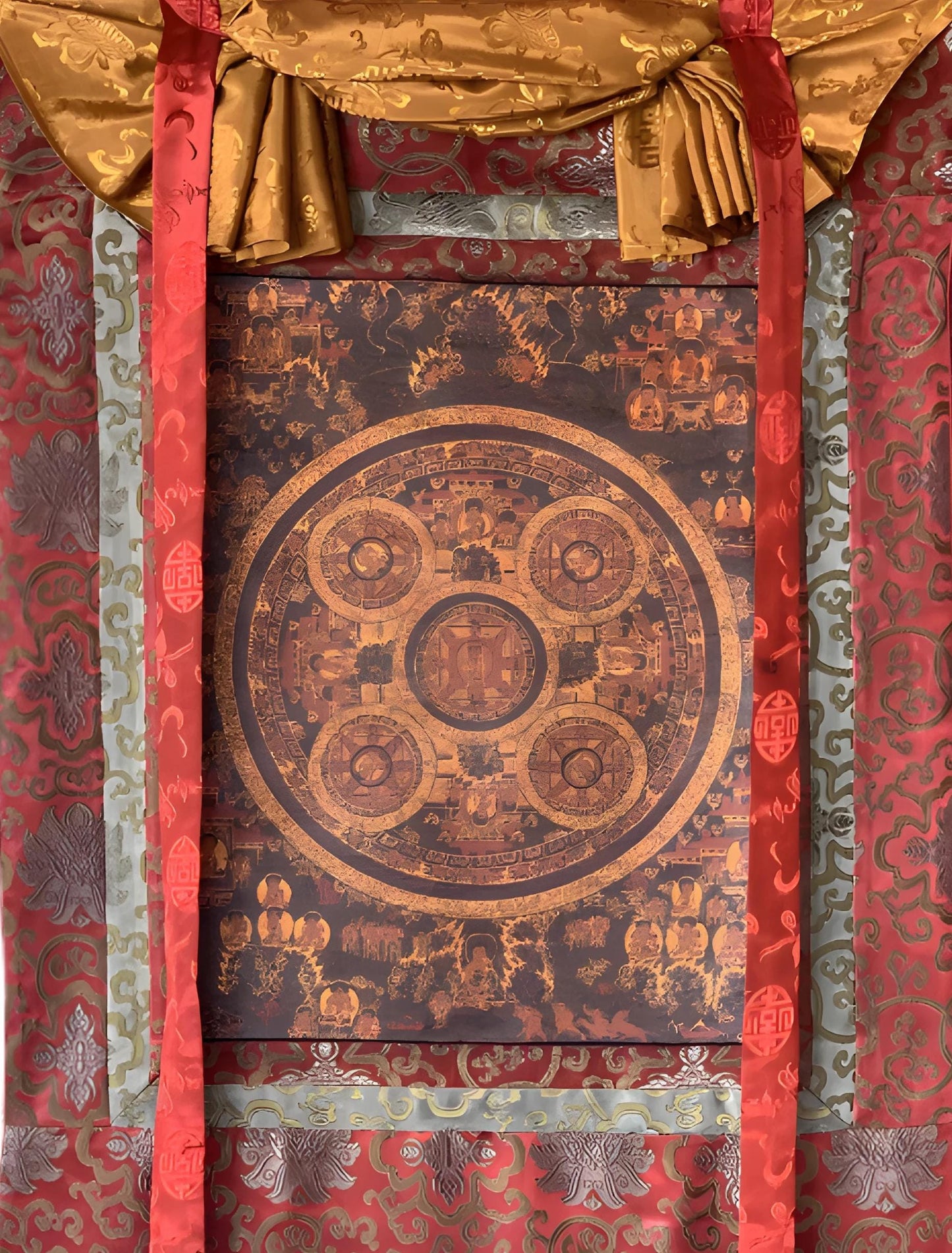 Hand-Painted Five Buddha Mandala  Oil Varnished Thangka with Silk Brocade